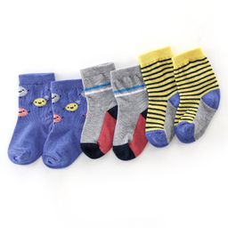 cute walk by babyhug Cutewalk By Babyhug Cotton Anti Bacterial Ankle Length Striped Socks Pack of 3 - Blue Grey & Yellow-picture-6