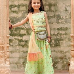 Babyhug Sleeveless Mirror Embroidered Choli With Lehenga And Dupatta - Green-image-90