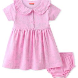 Babyhug Cotton Knit Half Sleeves Peter Pan Collar Frock with Bloomer Star Print - Pink-picture-14