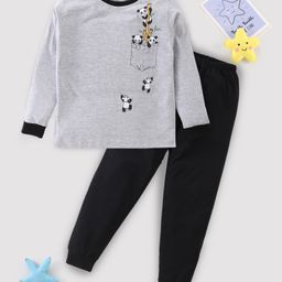 BLUSHES Full Sleeve Panda Printed Tee With Pyjama - Grey Melange & Black-picture-21