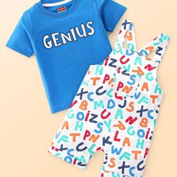 Babyhug Single Jersey Cotton Knit Dungaree with Half Sleeves Inner Tee Jungle Alphabet Print - Multicolour-image-62