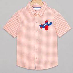 Budding Bees Half Sleeves Checked & Aeroplane Embroidered Shirt -Orange-image-67