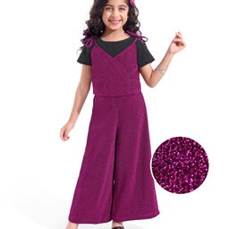 Hola Bonita Half Sleeves Shimmered Top with Vest & Pant Set - Purple-image-80