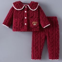 Kookie Kids Full Sleeves Front Open Collared Winter Wear Night Suit With Teddy Design - Maroon-image-13