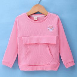 Olio Kids Cotton Knit Full Sleeves Winter Wear T-Shirt With Kangaroo Pocket & Animal Patch - Pink-image-119