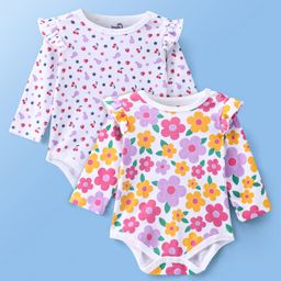 Doodle Poodle 100% Cotton Knit Full Sleeves Onesies with Frill Detailing Floral Print Pack Of 2 - White-image-82