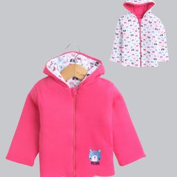 BUMZEE Cotton Full Sleeves Animal Face Printed & Embroidered Hooded Reversible Jacket - Pink & White-image-101