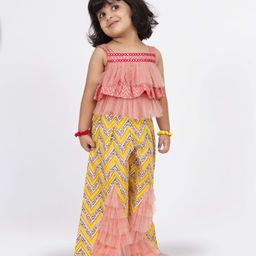 Twisha Sleeveless Mirror Work Detailed Frill Top With Chevron Printed Palazzo Set - Coral & Yellow-image-77