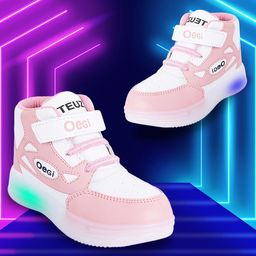 PASSION PETALS Color Blocked & Oegi Text Designed Velcro Closure LED Shoes - Pink & White-image-77