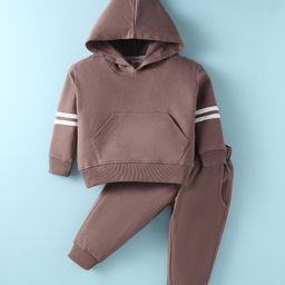 Zero Cotton Knit Full Sleeves Winter Wear Hooded Sweatshirt & Lounge Pant Set with Kangaroo Pockets - Brown-image-68