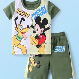Babyhug Disney Cotton Knit Half Sleeves T-Shirt & Shorts Set With Mickey Mouse Graphics - Mint Dark Green-image-86