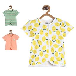MINI KLUB Cotton Knit Pack Of 3 Half Sleeves Lemons Printed & Striped Jhablas - Multi Colour-image-97
