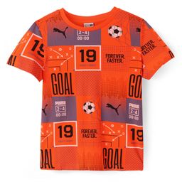 PUMA Cotton Knit Half Sleeves T-Shirt with Football Theme Print - Orange-image-87
