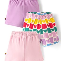 Bonfino 100% Knit Cotton Solid Colour & Heart Printed Shorts Pack Of 3 - Ivory, Lilac, Pink-image-11