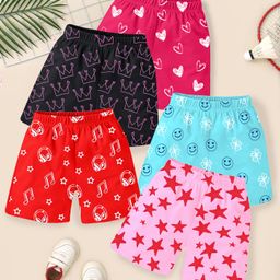 KUCHIPOO Cotton Blend Pack Of 5 Crown & Stars Printed Shorts - Magenta Black Pink Red & Blue-image-94
