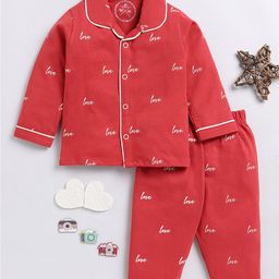 Clt.s Cotton Woven Full Sleeves Love Text Printed Coordinating Night Suit Set - Red-picture-20