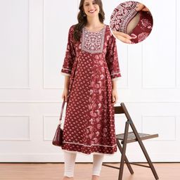 Bella Mama Viscose Woven Three Fourth Sleeves Maternity Kurta with Embroidered Yoke & Floral Print - Maroon-image-86