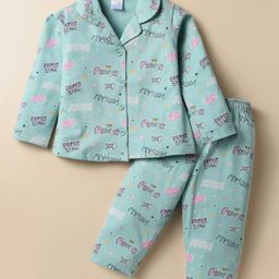 Smarty Girls 100% Cotton Full Sleeves Co-Ords Night Suit With Text Print - Mint-image-57