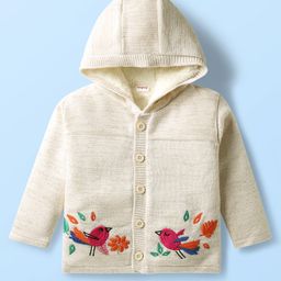 Babyhug Knit Full Sleeves Front Open Hooded Sweater with Bird Embroidery - Cream-image-50