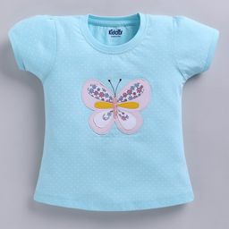 Kidcity Cotton Sinker Knit Half Sleeves Polka Dots Printed Butterfly Patch Embroidered Top - Sky Blue-image-19