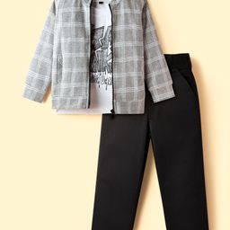Robo Fry Cotton Knit Party T-Shirt & Pant Set with Checkered Full Sleeves Jacket - Grey-picture-36