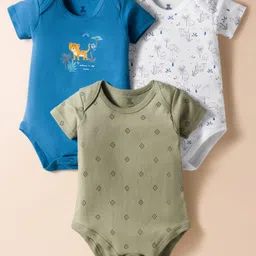 I Bears Interlock Knit Half Sleeves Onesies with Animal Print Pack of 3 - White Olive & Blue-picture-16
