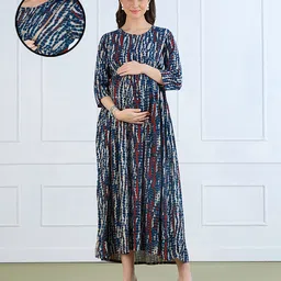 MomToBe Rayon Woven Three Fourth Sleeves Abstract Printed Maternity Dress With Side Zipper Nursing Access - Multi Colour-picture-1