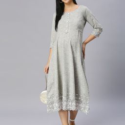 MORDEN MUSE Women Paisley Embellished Kantha Work Lace Frills Bows and Ruffles Maternity Anarkali Kurta-53