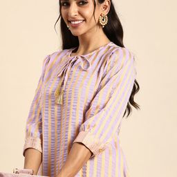 Sangria Women Lavender & Yellow Striped Pure Cotton Kurta-image-48