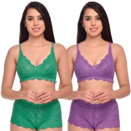 AROUSY Purple & Green Self Pattern Bra Panty Set - Pack Of 2-image-50