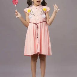 TeenTrums Girls Peach Cotton Textured Casual Dresses-image-43