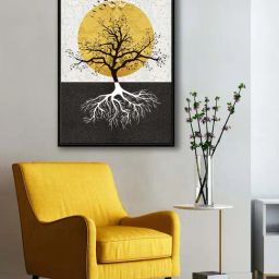 999Store Multicolor Canvas Tree With Golden Sun And Flying Birds Wall Painting-21