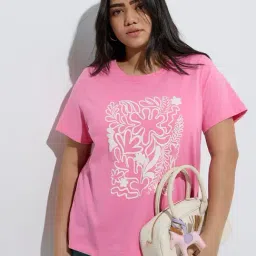 Gia by Westside Pink Printed Cotton T-Shirt-image-36