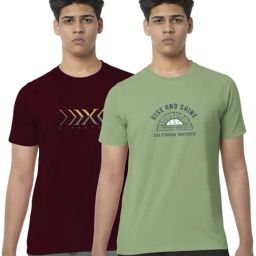 Bullmer Burgundy & Jade Green Cotton Regular Fit Printed T-Shirt - Pack Of 2-image-65