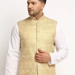 TREEMODA Men Gold Coloured Woven-Design Brocade Nehru Jacket-picture-8