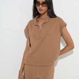 LOV by Westside Brown Solid Quarter Zip Top-picture-33