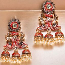 OOMPH Kundan Studded & Pearls Beaded Dome Shaped Meenakari Jhumkas-16