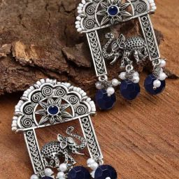 Karatcart Oxidized Silver Blue Beads Elephant Design Dangler Earrings for Women-9