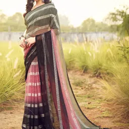 Satrani Multicolored Striped Saree With Unstitched Blouse image 2