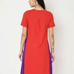 Brinns Red & Purple Cotton Regular Fit Color-Block Dress image 2