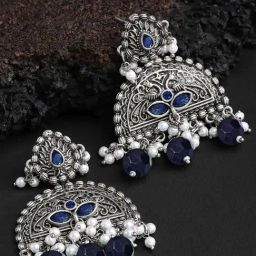 Karatcart Oxidized Silver Blue Beads Peacock Design Dangler Earrings for Women-44