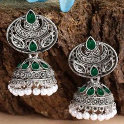 Karatcart Oxidized Silver Green Stone And Pearl Jhumka Jhumki Earrings for Women-16