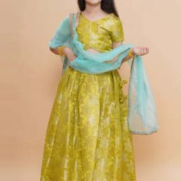 Piccolo Kids Green Zari Flared Lehenga, Blouse & Dupatta-image-77