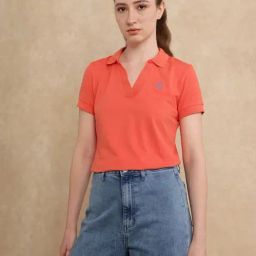 RAREISM Orange Cotton Blend Solid Short Sleeves Polo T-Shirt-image-92