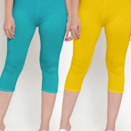 Gracit Yellow & Aqua Blue Mid Rise Capris - Pack Of 2-image-1