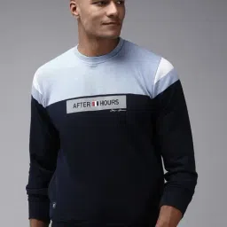 Showoff Navy Blue Cotton Regular Fit Colour Block Sweatshirt-6