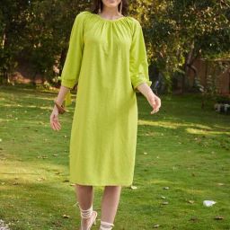 PURVAJA Lime Green Knitted Relaxed Fit Midi Dress-image-91
