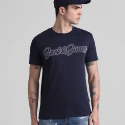 Jack & Jones Navy Blue Cotton Slim Fit Printed T-Shirt-image-82