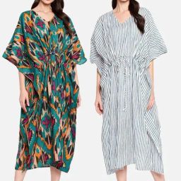 Secrets By ZeroKaata Green & Blue Cotton Printed Kaftan - Pack Of 2-picture-31