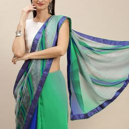 RACHNA Navy Blue & Green Printed Saree with Blouse-picture-9